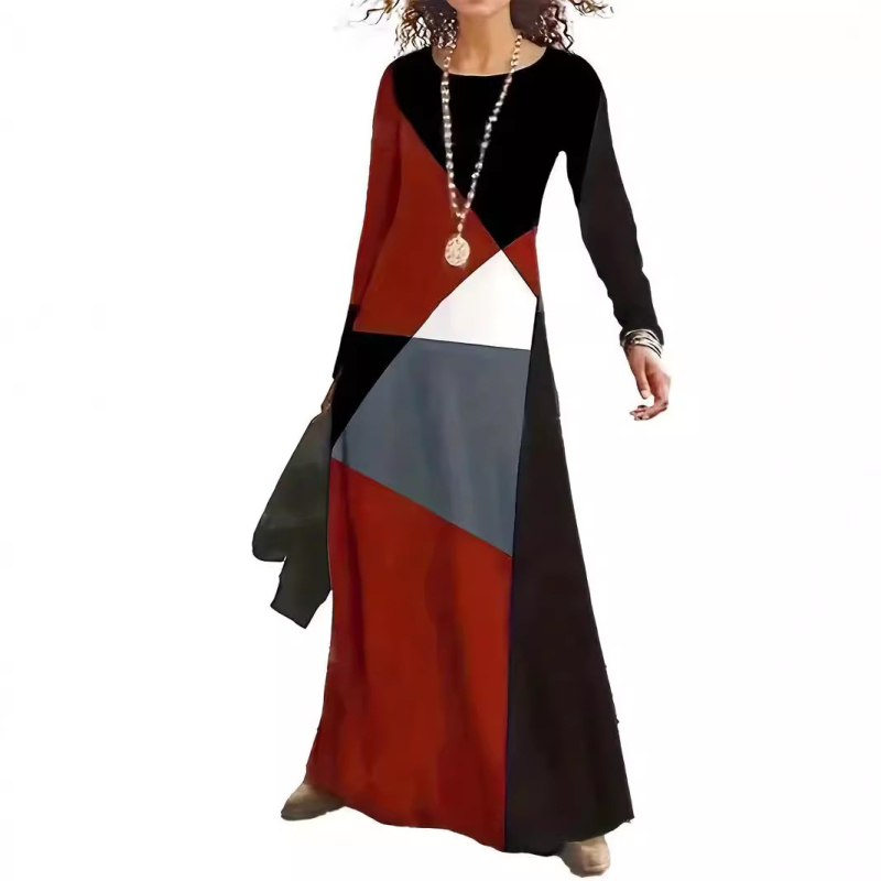 Rochie cu model 3D și imprimeu, guler rotund, mâneci lungi, talie înaltă, croială A-line lungă, poliester