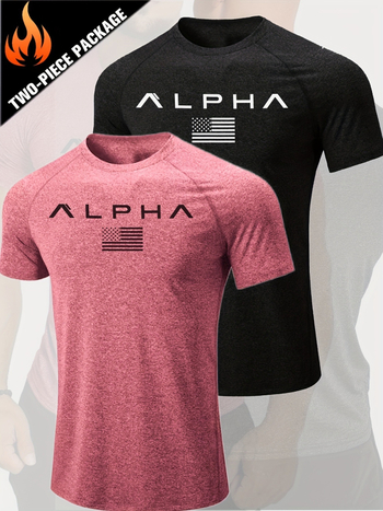 Ανδρική κοντομάνικη T-shirt με κοπή Slim-Fit, εκτύπωση γράμματος και αμερικανική σημαία, αναπνεύσιμο πολυεστέρας, στρογγυλός λαιμός, αθλητικό στυλ