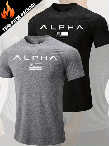 Ανδρική κοντομάνικη T-shirt με κοπή Slim-Fit, εκτύπωση γράμματος και αμερικανική σημαία, αναπνεύσιμο πολυεστέρας, στρογγυλός λαιμός, αθλητικό στυλ