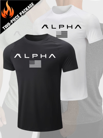 Ανδρική κοντομάνικη T-shirt με κοπή Slim-Fit, εκτύπωση γράμματος και αμερικανική σημαία, αναπνεύσιμο πολυεστέρας, στρογγυλός λαιμός, αθλητικό στυλ