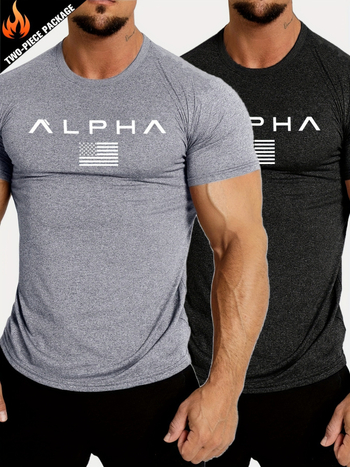 Ανδρική κοντομάνικη T-shirt με κοπή Slim-Fit, εκτύπωση γράμματος και αμερικανική σημαία, αναπνεύσιμο πολυεστέρας, στρογγυλός λαιμός, αθλητικό στυλ