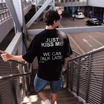 Μπλούζα T-shirt με εκτύπωση κειμένου, βαμβάκι-πολυεστέρας, κοντά μανίκια, στρογγυλός λαιμός