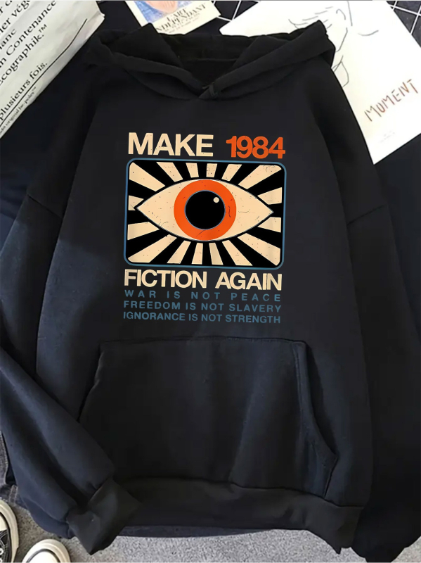 Hanorac damă HOOK ON YOU cu imprimeu Make 1984 Fiction Again, imprimeu, guler polo, pulover, mâneci lungi