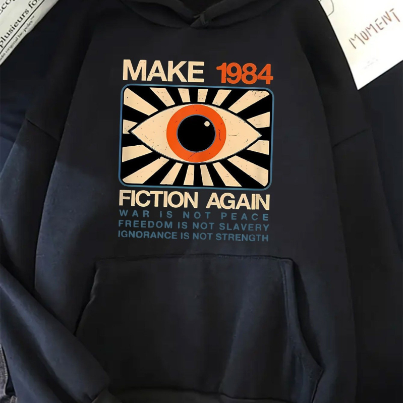 Hanorac damă HOOK ON YOU cu imprimeu Make 1984 Fiction Again, imprimeu, guler polo, pulover, mâneci lungi