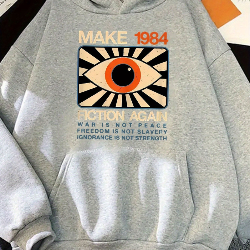 Hanorac damă HOOK ON YOU cu imprimeu Make 1984 Fiction Again, imprimeu, guler polo, pulover, mâneci lungi