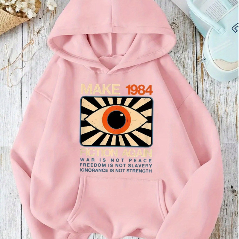 Hanorac damă HOOK ON YOU cu imprimeu Make 1984 Fiction Again, imprimeu, guler polo, pulover, mâneci lungi