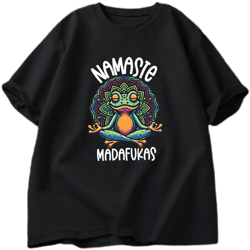 Pamukasta majica s prilagodljivom tiskom, frog yoga grafika, kratki rukavi, okrugli izrez, labav kroj