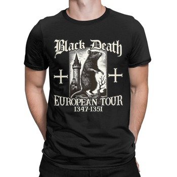 Tricou de bărbați din bumbac, în stil street hip hop - imprimeu Black Death European Tour 1347-1351 Big Rat, croială dreaptă