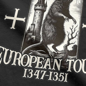 Tricou de bărbați din bumbac, în stil street hip hop - imprimeu Black Death European Tour 1347-1351 Big Rat, croială dreaptă
