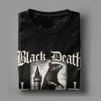 Tricou de bărbați din bumbac, în stil street hip hop - imprimeu Black Death European Tour 1347-1351 Big Rat, croială dreaptă