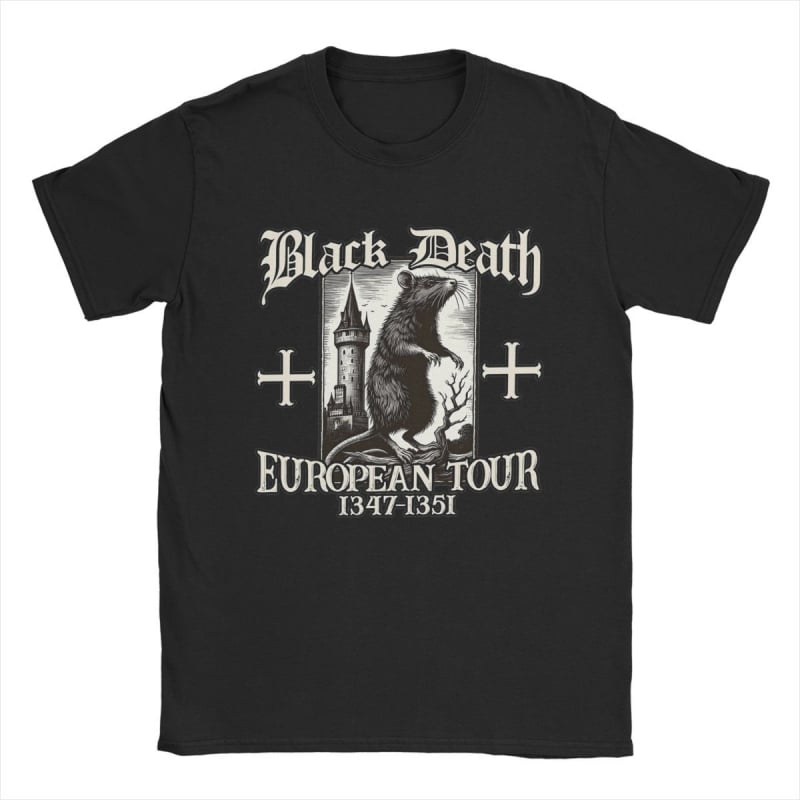 Tricou de bărbați din bumbac, în stil street hip hop - imprimeu Black Death European Tour 1347-1351 Big Rat, croială dreaptă