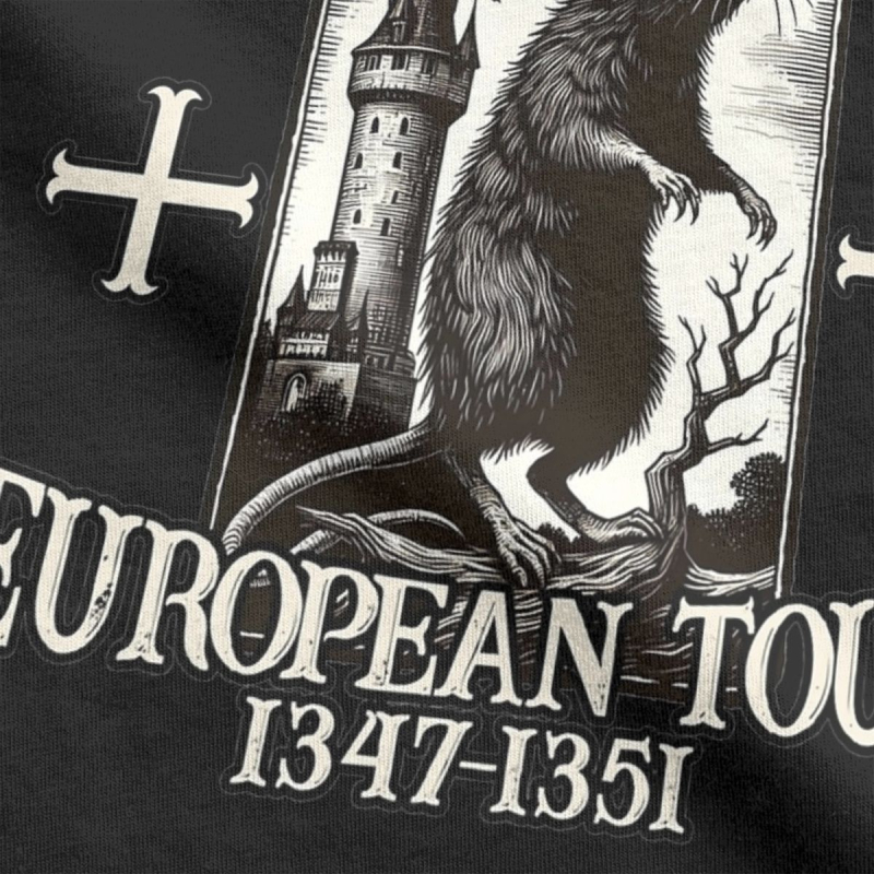 Tricou de bărbați din bumbac, în stil street hip hop - imprimeu Black Death European Tour 1347-1351 Big Rat, croială dreaptă