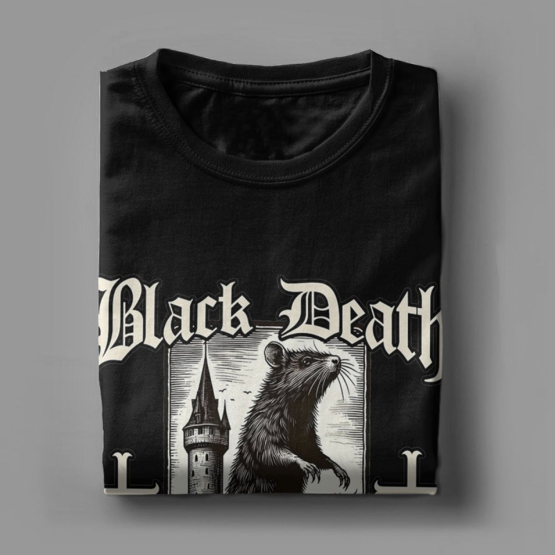 Tricou de bărbați din bumbac, în stil street hip hop - imprimeu Black Death European Tour 1347-1351 Big Rat, croială dreaptă