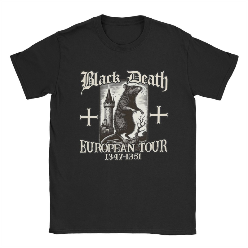 Tricou de bărbați din bumbac, în stil street hip hop - imprimeu Black Death European Tour 1347-1351 Big Rat, croială dreaptă