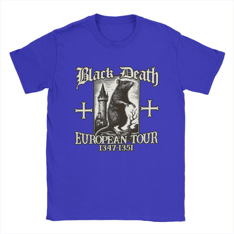 Tricou de bărbați din bumbac, în stil street hip hop - imprimeu Black Death European Tour 1347-1351 Big Rat, croială dreaptă