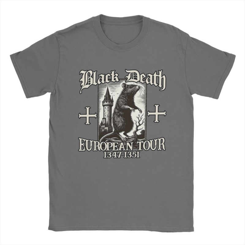 Tricou de bărbați din bumbac, în stil street hip hop - imprimeu Black Death European Tour 1347-1351 Big Rat, croială dreaptă