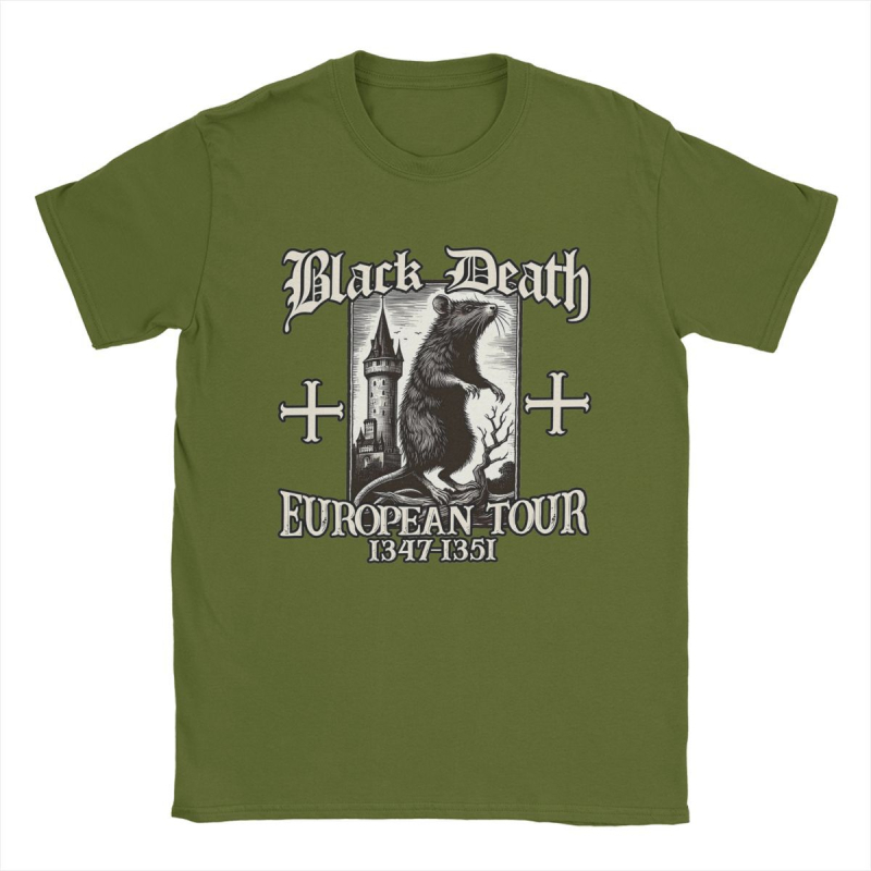 Tricou de bărbați din bumbac, în stil street hip hop - imprimeu Black Death European Tour 1347-1351 Big Rat, croială dreaptă