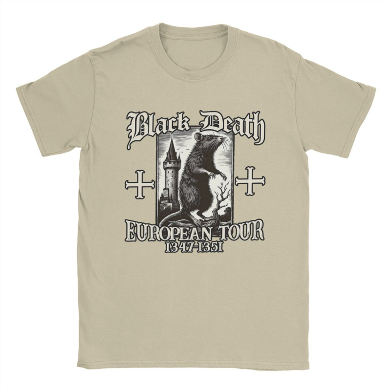 Tricou de bărbați din bumbac, în stil street hip hop - imprimeu Black Death European Tour 1347-1351 Big Rat, croială dreaptă