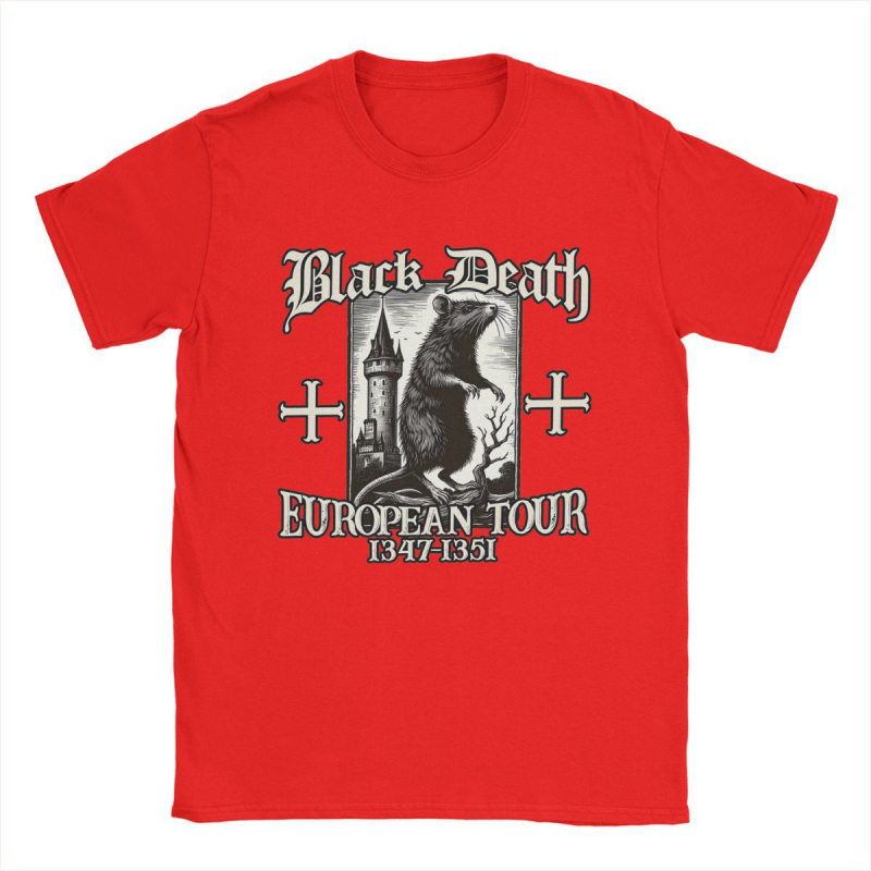 Tricou de bărbați din bumbac, în stil street hip hop - imprimeu Black Death European Tour 1347-1351 Big Rat, croială dreaptă