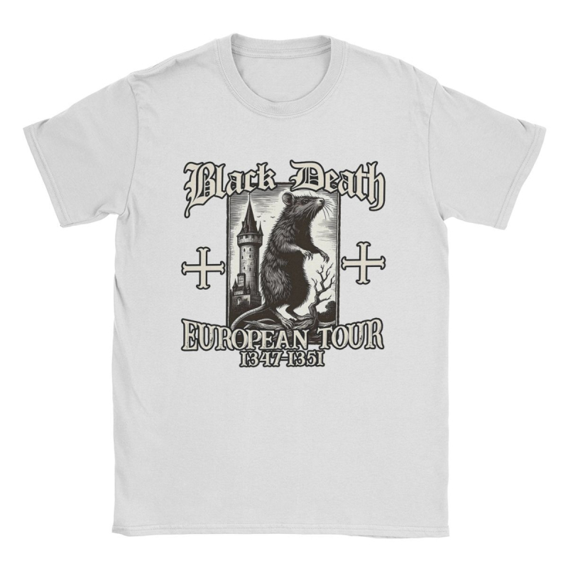 Tricou de bărbați din bumbac, în stil street hip hop - imprimeu Black Death European Tour 1347-1351 Big Rat, croială dreaptă