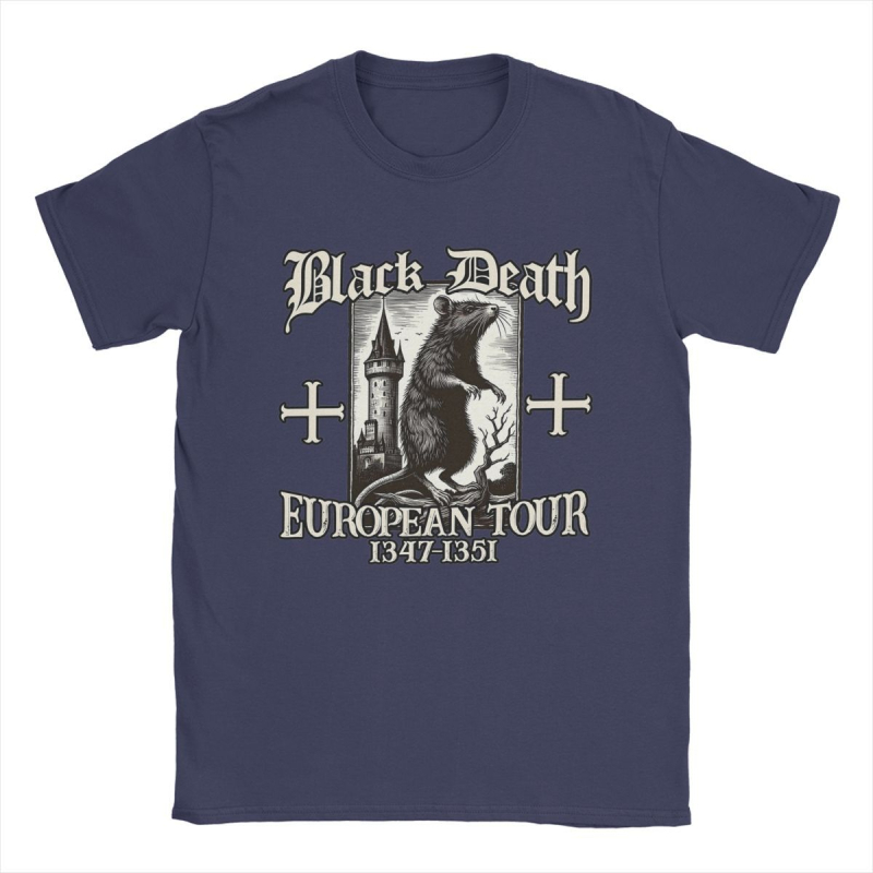 Tricou de bărbați din bumbac, în stil street hip hop - imprimeu Black Death European Tour 1347-1351 Big Rat, croială dreaptă