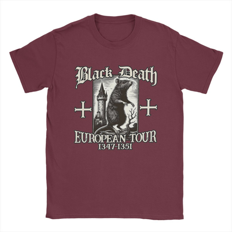 Tricou de bărbați din bumbac, în stil street hip hop - imprimeu Black Death European Tour 1347-1351 Big Rat, croială dreaptă