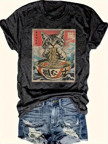 Μπλούζα από βαμβάκι με ρετρό σχέδιο γάτας από anime που τρώει ραμέν, στρογγυλός λαιμός, κοντά μανίκια, χαλαρή εφαρμογή, street hipster στυλ