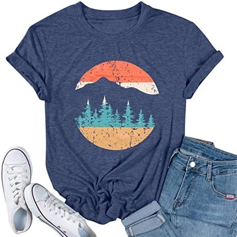 Ženski pamučni T-shirt za planinarenje, print, okrugli izrez, kratki rukav, 80–90% pamuka