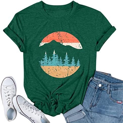 Ženski pamučni T-shirt za planinarenje, print, okrugli izrez, kratki rukav, 80–90% pamuka