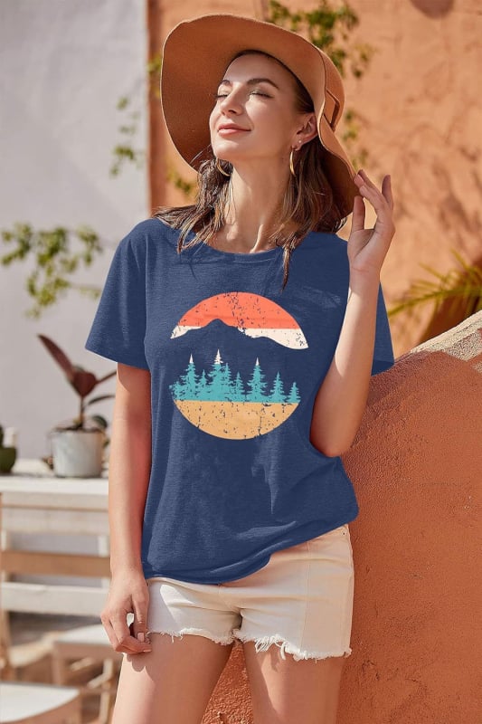 Ženski pamučni T-shirt za planinarenje, print, okrugli izrez, kratki rukav, 80–90% pamuka