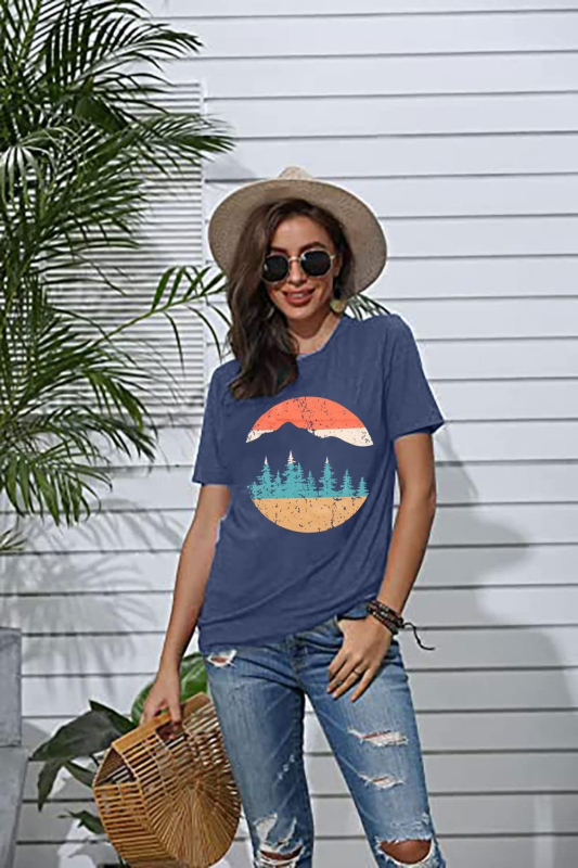 Ženski pamučni T-shirt za planinarenje, print, okrugli izrez, kratki rukav, 80–90% pamuka