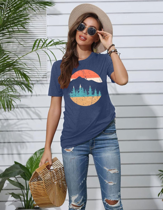 Ženski pamučni T-shirt za planinarenje, print, okrugli izrez, kratki rukav, 80–90% pamuka