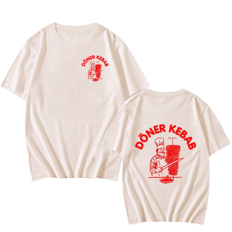 Doner & Kebab Καρτούν Εκτύπωση T‑Shirt, Κοντό Μανίκι, Στρογγυλή Λαιμόκοψη, Χαλαρή Γραμμή, Milk Silk & Πολυεστέρας
