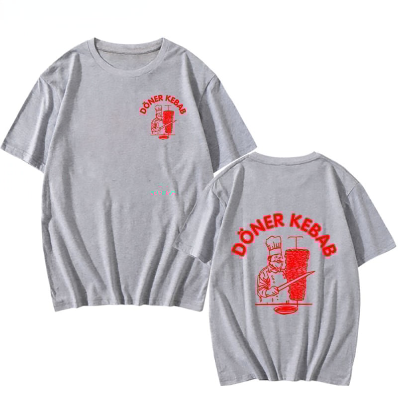 Doner & Kebab Καρτούν Εκτύπωση T‑Shirt, Κοντό Μανίκι, Στρογγυλή Λαιμόκοψη, Χαλαρή Γραμμή, Milk Silk & Πολυεστέρας
