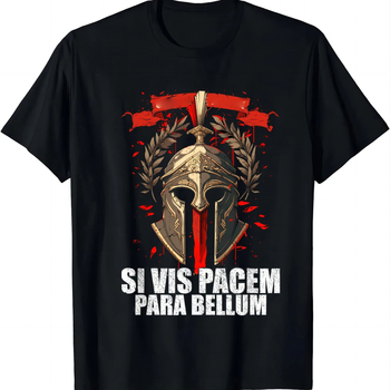 Μπλούζα με εκτύπωση Si Vis Pacem Para Bellum, βαμβάκι 71–80%, στρογγυλή λαιμόκοψη, κοντά μανίκια, αστικός street hip-hop στυλ για τέσσερις εποχές