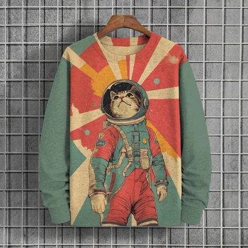 Унисекс пуловер суитшърт с 3D печат на котка-астронавт, дълги ръкави, качулка, цифров печат, полиестер 96%+, лека пролетна материя