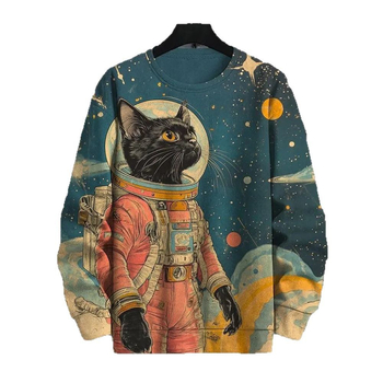 Унисекс пуловер суитшърт с 3D печат на котка-астронавт, дълги ръкави, качулка, цифров печат, полиестер 96%+, лека пролетна материя