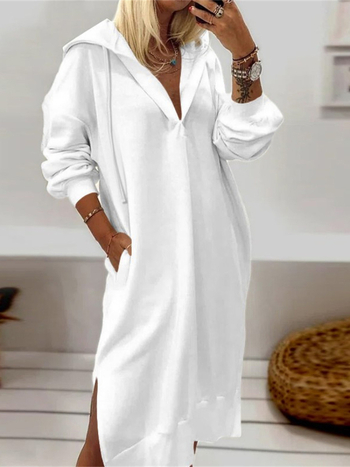 Pulover cu glugă din fleece, croială lejeră, lungime medie, material poliester