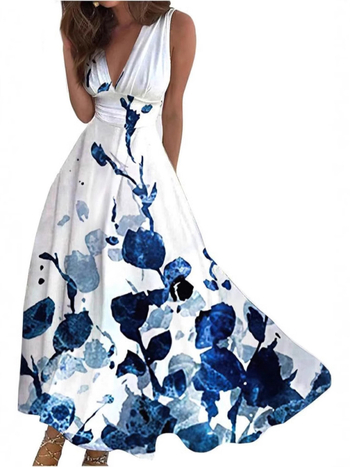 Дълга дамска рокля с 3D дигитален флорален принт и винтидж стил, V-образно деколте, без ръкави, полиестер ≥95%