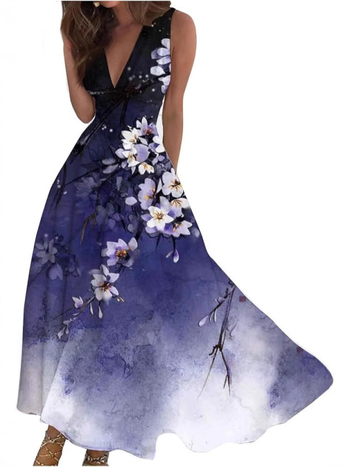 Дълга дамска рокля с 3D дигитален флорален принт и винтидж стил, V-образно деколте, без ръкави, полиестер ≥95%