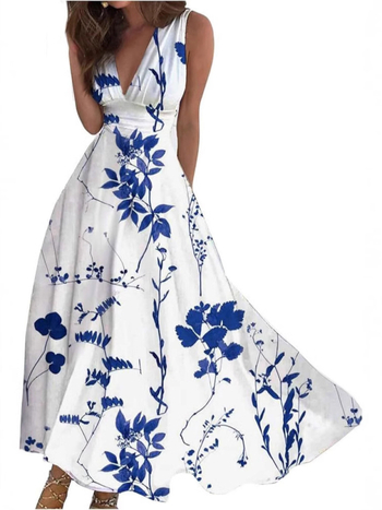 Дълга дамска рокля с 3D дигитален флорален принт и винтидж стил, V-образно деколте, без ръкави, полиестер ≥95%