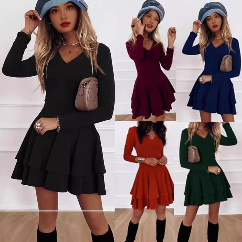 Rochie de damă dintr-o singură bucată, culoare solidă, cusături în colaj, decolteu în V, mâneci lungi, talie la nivel mediu