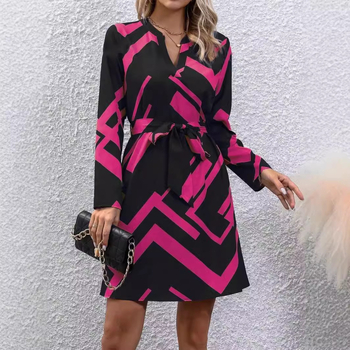 Дамска рокля: дълги ръкави, V-образно деколте, колан с принт, А-линия, полиестер