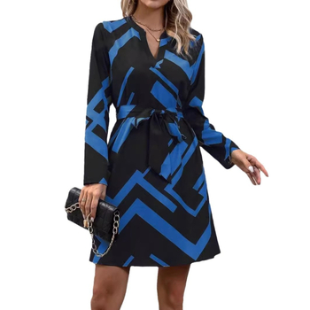 Дамска рокля: дълги ръкави, V-образно деколте, колан с принт, А-линия, полиестер