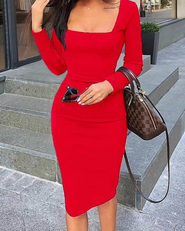 Rochie - poliester, uni, mâneci lungi, talie înaltă, lungime midi