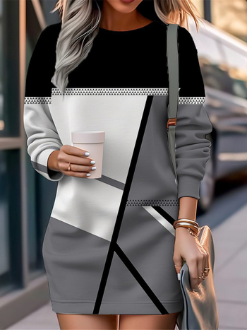 Ženska midi haljina A-linije, okrugli izrez, dugi rukav, Milk Silk materijal, 3D print uzorak