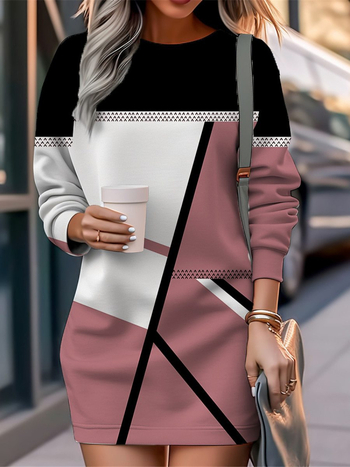 Φόρεμα midi σε γραμμή Α, με στρογγυλό λαιμό και μακριά μανίκια, ύφασμα Milk Silk, 3D μοτίβο εκτύπωσης