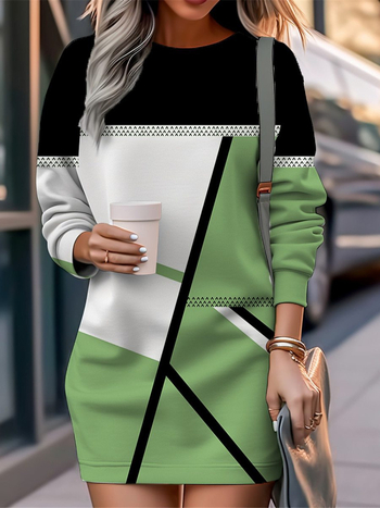 Φόρεμα midi σε γραμμή Α, με στρογγυλό λαιμό και μακριά μανίκια, ύφασμα Milk Silk, 3D μοτίβο εκτύπωσης