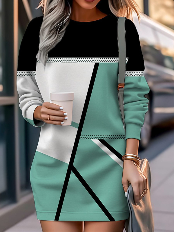 Ženska midi haljina A-linije, okrugli izrez, dugi rukav, Milk Silk materijal, 3D print uzorak