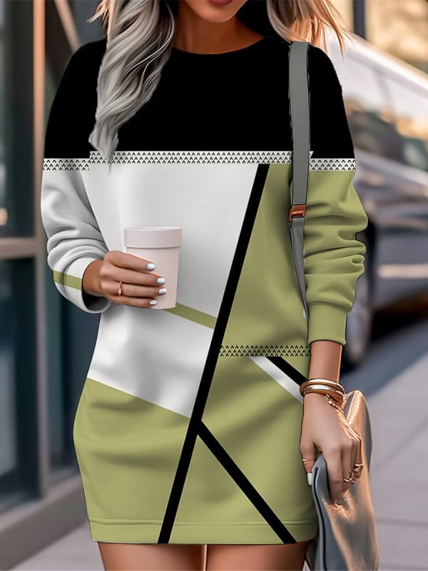 Ženska midi haljina A-linije, okrugli izrez, dugi rukav, Milk Silk materijal, 3D print uzorak
